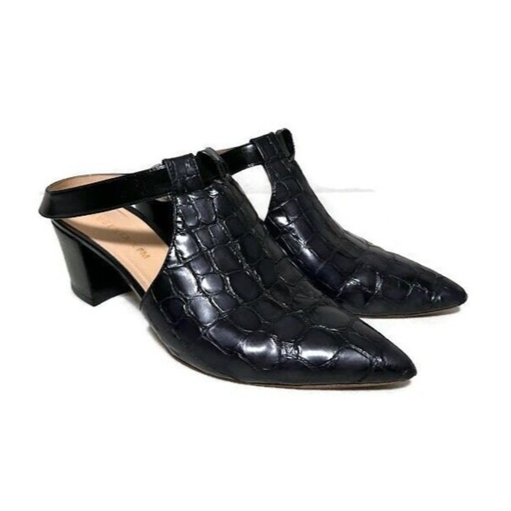 Eugenia Kim Croc Leather Heeled Mules 38 8 Black Ankle Strap Point Toe Stacked